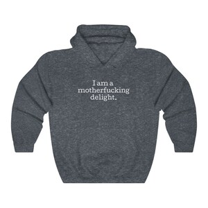 May include: A dark heather gray hooded sweatshirt with the text "I am a motherfucking delight." printed in white on the front.