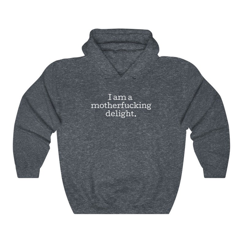 May include: A dark heather gray hooded sweatshirt with the text "I am a motherfucking delight." printed in white on the front.
