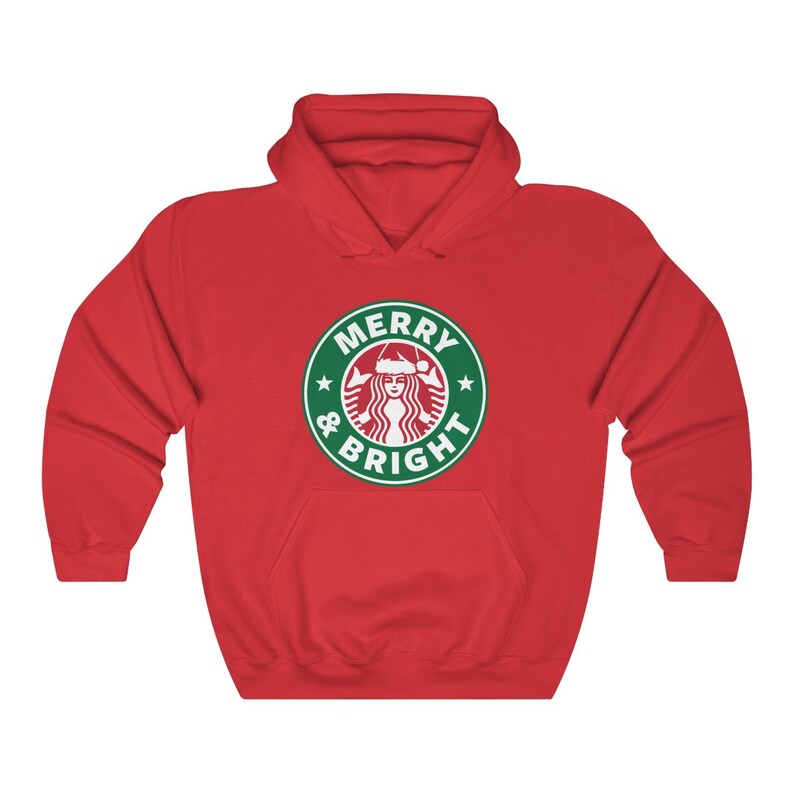 May include: Red hooded sweatshirt with a green and white logo that says "Merry & Bright" with a stylized image of a woman wearing a Santa hat.
