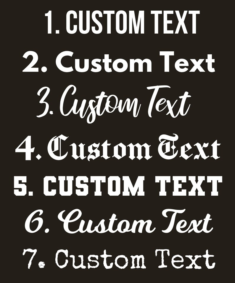 May include: A dark brown background with seven lines of white text. The text reads "1. CUSTOM TEXT", "2. Custom Text", "3. Custom Text", "4. Custom Text", "5. CUSTOM TEXT", "6. Custom Text", and "7. Custom Text".