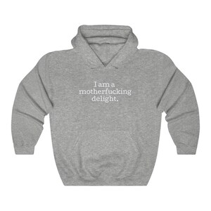 May include: A gray hooded sweatshirt with the text "I am a motherfucking delight." printed in white on the front.