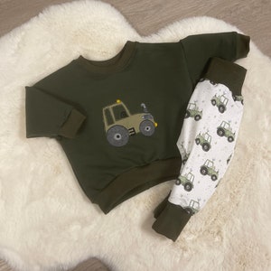 Set oversized sweater with trousers tractor/moss green with embroidery, top, trousers, baby set