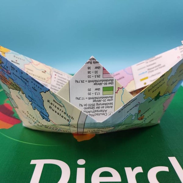 Mega large paper boat "Ship Ahoi" from old world atlas 22 x 6 cm, scatter decoration e.B. for weddings, honeymoon, holidays, wine trip