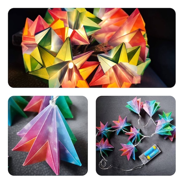 LED Lichterkette Regenbogen - 120cm - mit 10 Origami Lampenschirmen aus regenbogenfarbenem Transparentpapier - Papier - Sommer - handmade