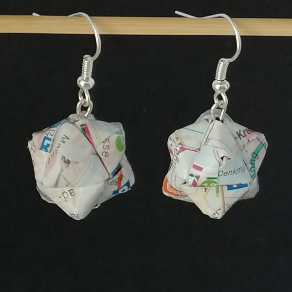 Upcycling - Origami Kusudama Sonobe ~ Ball earrings Jewelry from city map - Paper jewelry - handemade - City map possible as desired