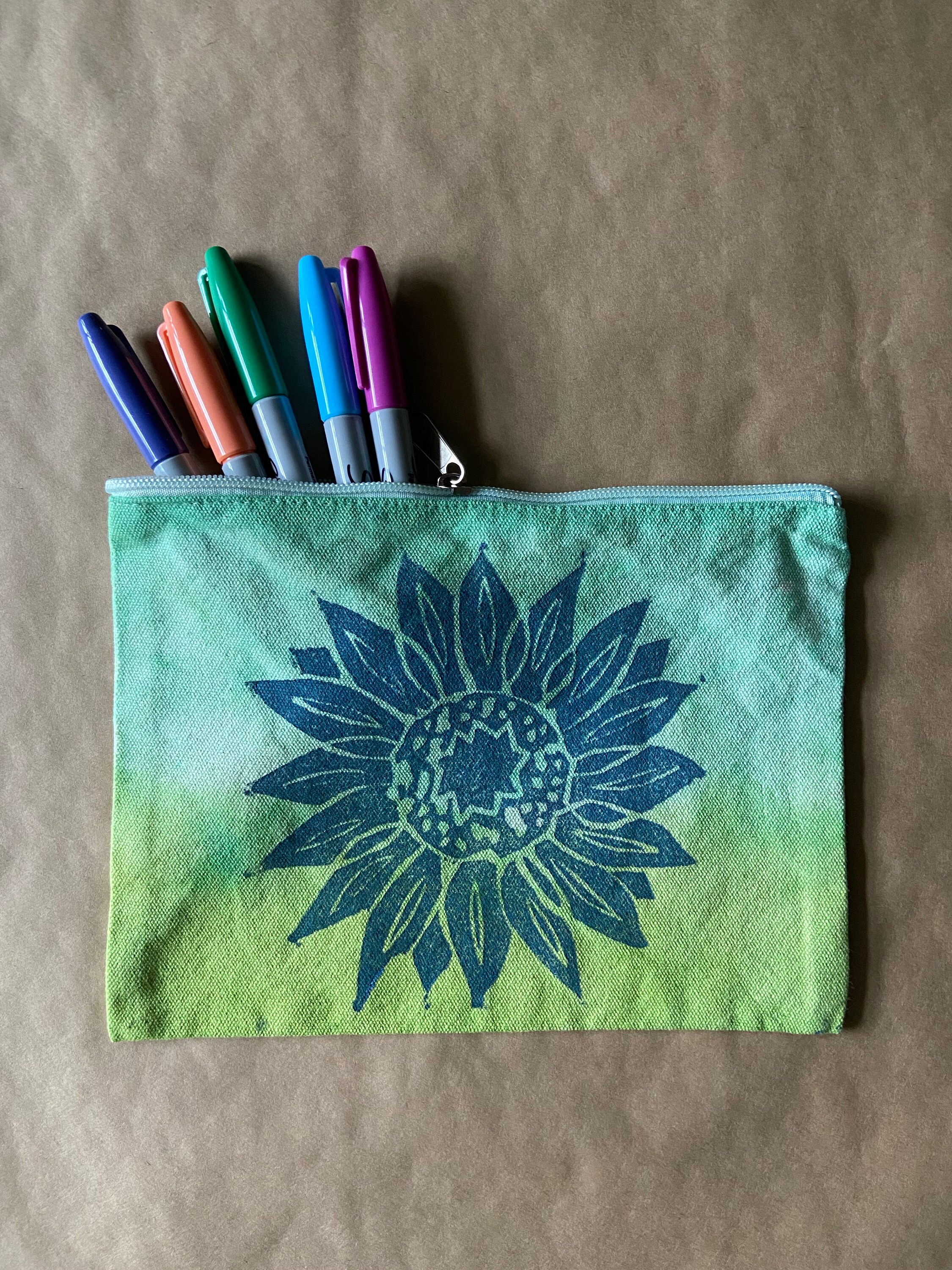 Tie Dyed Pencil Case Sunflower Lino Print Makeup Bag Etsy