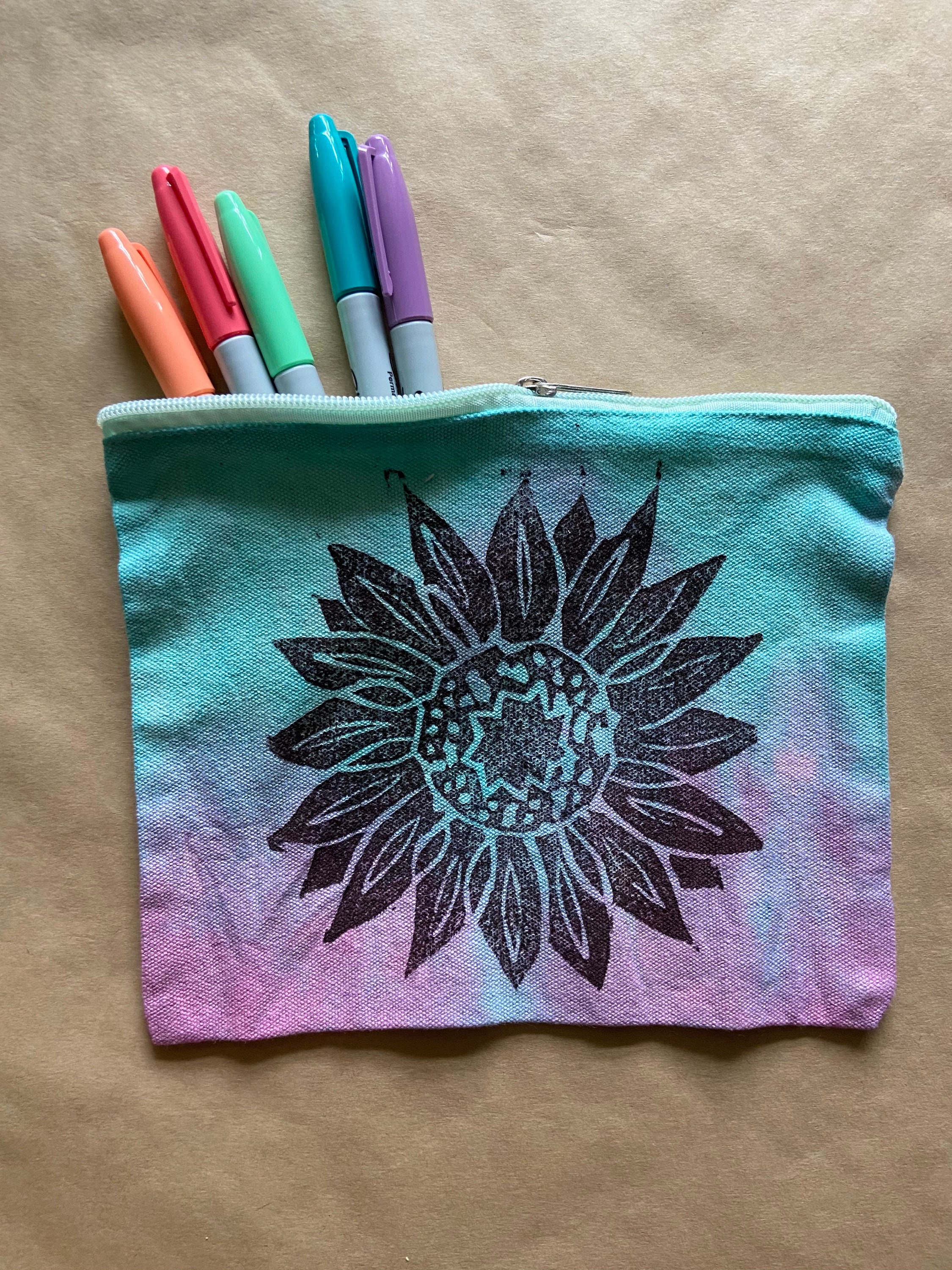 Tie Dyed Pencil Case Sunflower Lino Print Makeup Bag Etsy