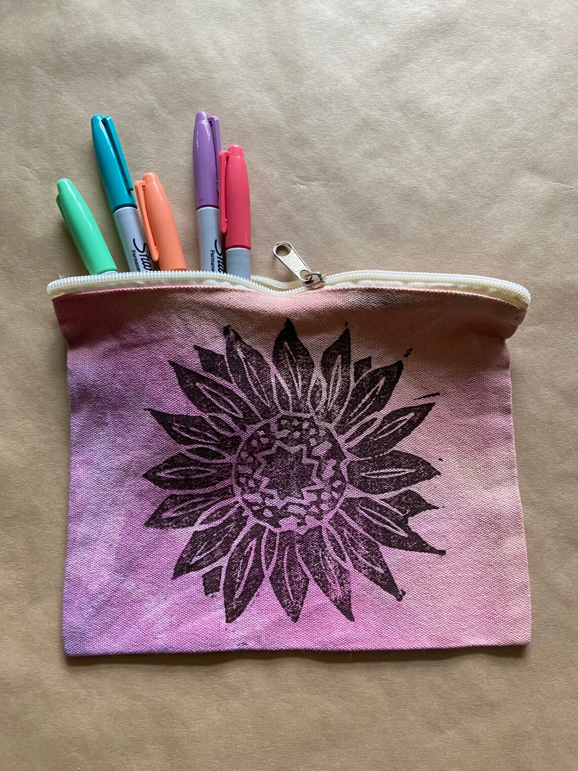 Tie Dyed Pencil Case Sunflower Lino Print Makeup Bag Etsy