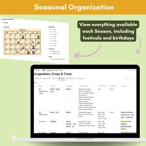 Puede incluir: Una pantalla de ordenador que muestra un calendario y una hoja de c&aacute;lculo. El calendario muestra los meses del a&ntilde;o y los d&iacute;as de la semana. La hoja de c&aacute;lculo muestra una lista de productos recolectables, cultivos y &aacute;rboles en el videojuego Stardew Valley. La hoja de c&aacute;lculo est&aacute; organizada por temporada e incluye informaci&oacute;n sobre el tipo de art&iacute;culo, la temporada, el precio de venta, el tiempo de crecimiento y c&oacute;mo se utiliza. El texto en la pantalla dice "Organizaci&oacute;n estacional" y "Ver todo lo disponible en cada temporada, incluidos los festivales y los cumplea&ntilde;os".