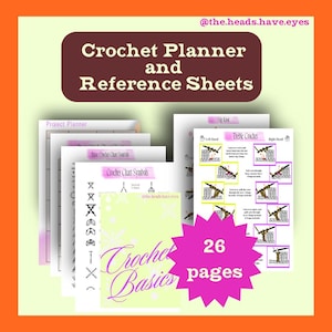 Peut inclure: Un ensemble de 26 feuilles de planificateur et de référence au crochet imprimables. Les feuilles comprennent un planificateur de projet, des symboles de base de diagramme de crochet et des instructions pour un point de crochet double. Les feuilles sont de couleur jaune clair avec des accents roses et violets.