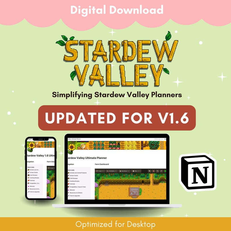 Puede incluir: Una descarga digital para un planificador de Stardew Valley, actualizado para la versi&oacute;n 1.6. La imagen muestra una pantalla de computadora y una pantalla de tel&eacute;fono que muestran el planificador, que presenta un dise&ntilde;o de granja y una lista de art&iacute;culos. El texto "Stardew Valley Ultimate Planner" es visible en la pantalla de la computadora. El texto "Actualizado para V1.6" es visible en letras rojas grandes sobre un fondo marr&oacute;n. El texto "Optimizado para escritorio" es visible en la parte inferior de la imagen.