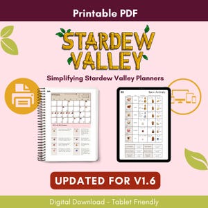 May include: A printable PDF Stardew Valley planner updated for V1.6, featuring a spiral-bound physical calendar page and a digital tablet screen displaying a barn animals chart with pixel art icons, text, and grid layouts on a light pink background.