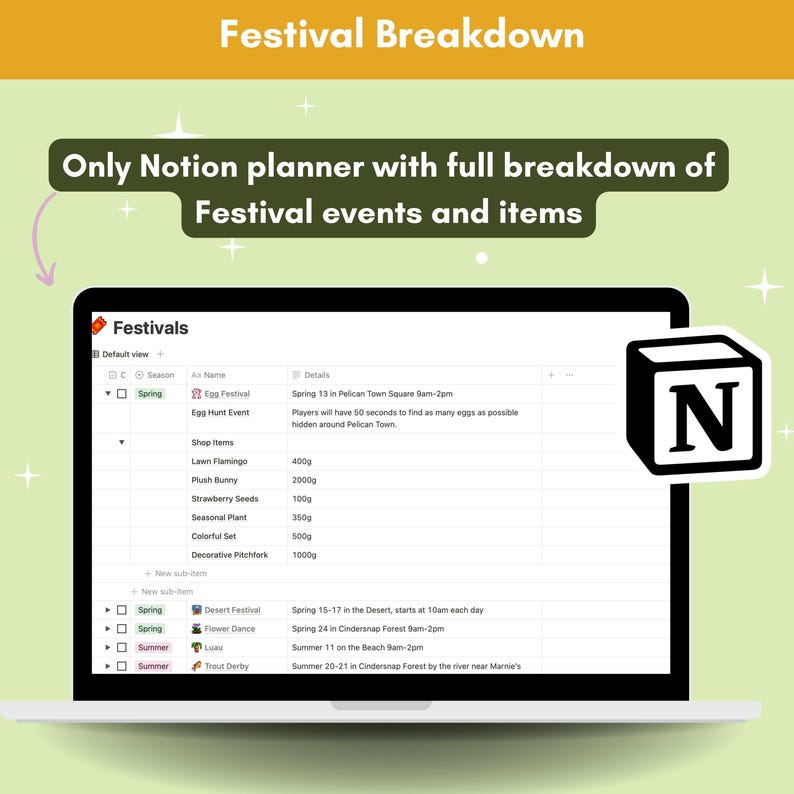 Puede incluir: Captura de pantalla de una p&aacute;gina de Notion con una lista de festivales y eventos. La p&aacute;gina se titula "Festivales" e incluye una columna para la temporada, el nombre y los detalles de cada festival. Los festivales enumerados incluyen el Festival del Huevo, el Festival del Desierto, la Danza de las Flores, el Luau y el Derby de la Trucha.
