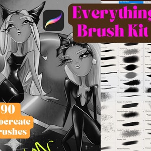 May include: A digital illustration of two women in black outfits with cat ears. The image is a product advertisement for a Procreate brush kit with 90 brushes. The text "Everything Brush Kit" is displayed in pink letters on a brown background.