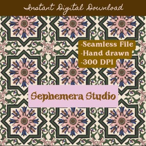 May include: Digital download of a seamless pattern with a repeating floral design. The pattern features pink, blue, and brown floral elements set against a cream background, framed by green geometric shapes. The text reads "Instant Digital Download" and "Sephemera Studio".