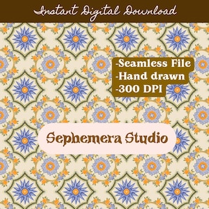 Op de afbeelding: Een digitale download met een naadloos bloemenpatroon. Het patroon bevat blauwe sterren, oranje bloemen en groene bladeren op een crèmekleurige achtergrond. De tekst luidt "Instant Digital Download", "-Seamless File", "-Hand drawn", "-300 DPI" en "Sephemera Studio".