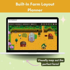 Puede incluir: Una pantalla de computadora port&aacute;til que muestra un planificador de dise&ntilde;o de granja con un dise&ntilde;o de granja pixelado. El planificador tiene pesta&ntilde;as para cultivos, objetos artesanales, edificios y varios. El texto "&iexcl;Mapea visualmente la granja perfecta!" est&aacute; debajo de la computadora port&aacute;til.