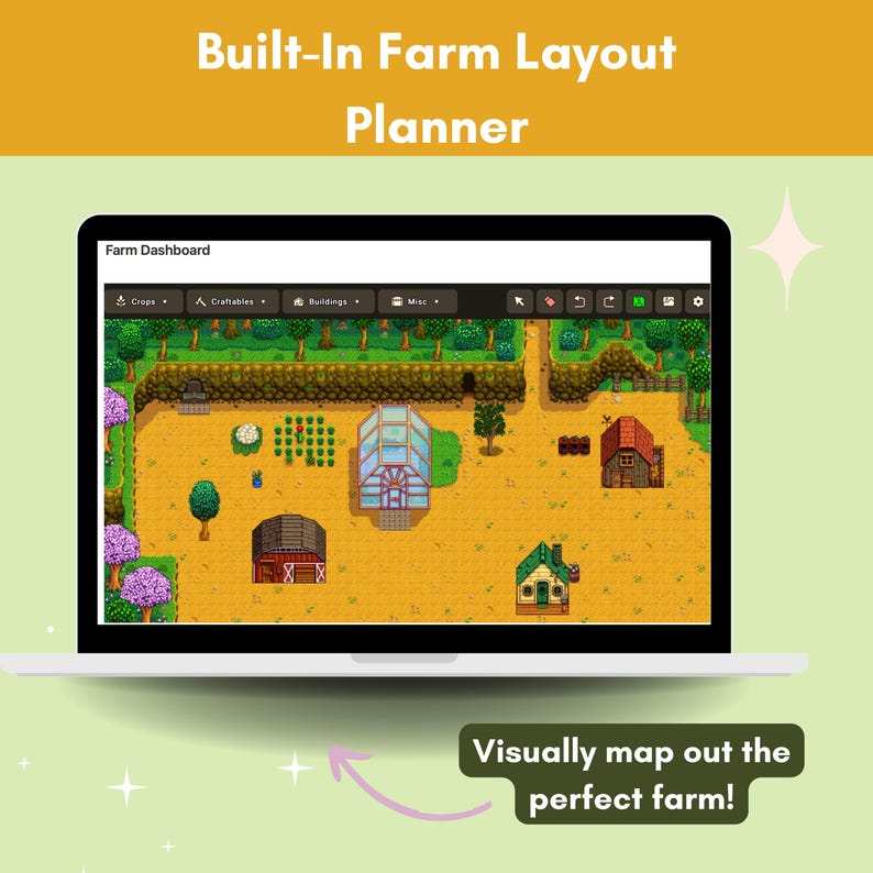 Puede incluir: Una pantalla de computadora port&aacute;til que muestra un planificador de dise&ntilde;o de granja con un dise&ntilde;o de granja pixelado. El planificador tiene pesta&ntilde;as para cultivos, objetos artesanales, edificios y varios. El texto "&iexcl;Mapea visualmente la granja perfecta!" est&aacute; debajo de la computadora port&aacute;til.