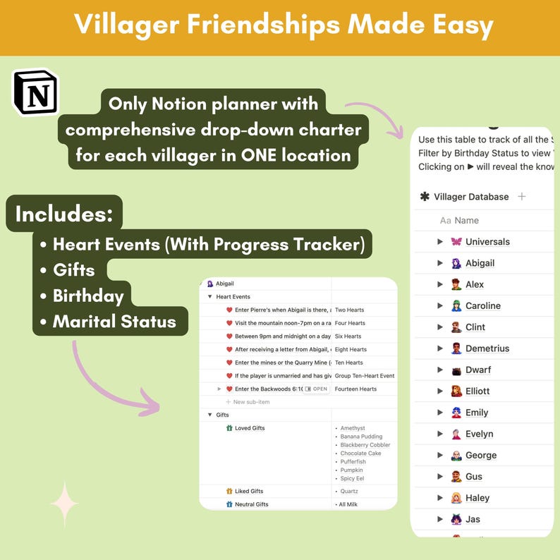 Puede incluir: Un planificador digital verde y rosa para hacer un seguimiento de las amistades de los aldeanos en el videojuego Animal Crossing. El planificador incluye una base de datos de aldeanos, eventos del coraz&oacute;n, regalos, cumplea&ntilde;os y estado civil.