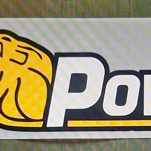 May include: A rectangular sticker with the text "U. Power" in white, outlined in black. The "U" is partially filled with black, and a yellow lion's head is incorporated into the design. A yellow stripe underlines the word "Power".