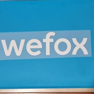 May include: A blue background with the word "wefox" in white text.