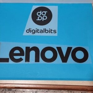 May include: A blue background with a black and white logo that says "do.op digitalbits" and the word "Lenovo" in black letters.