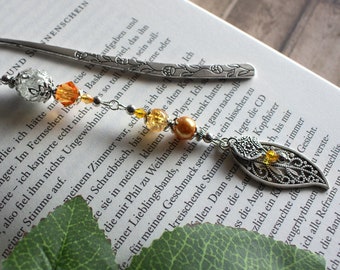 Golden Leaf - metal bookmark - flower, leaf pendant, flower tendril, gold, crystal shimmer, noble, elegant