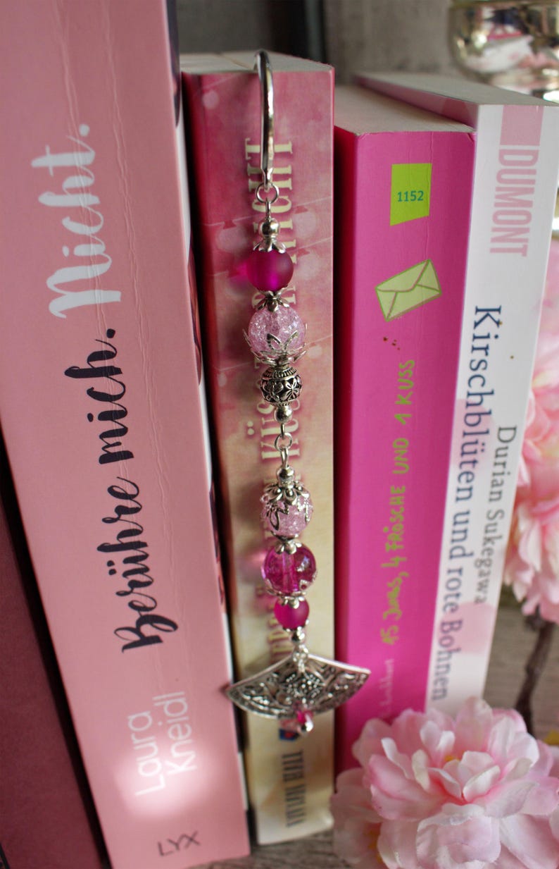 Fuchsia Dance Bookmark Metal Pink, Fan Dance, Antique Silver, Flowers