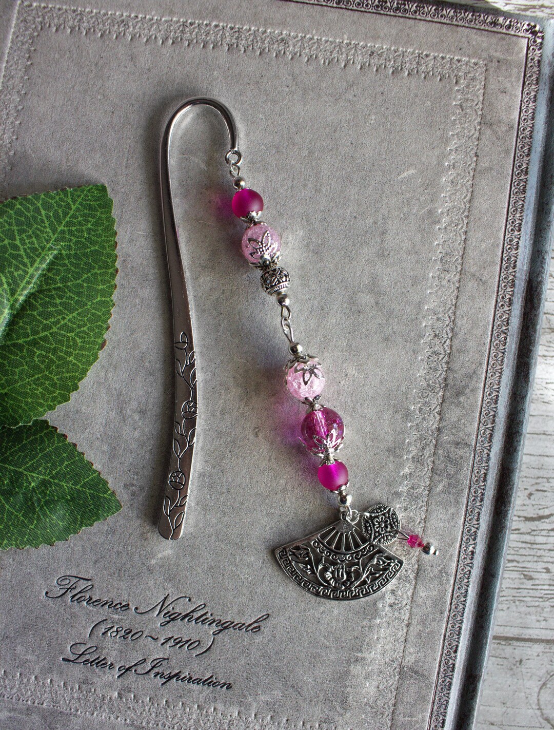 Fuchsia Dance Bookmark Metal Pink, Fan Dance, Antique Silver, Flowers
