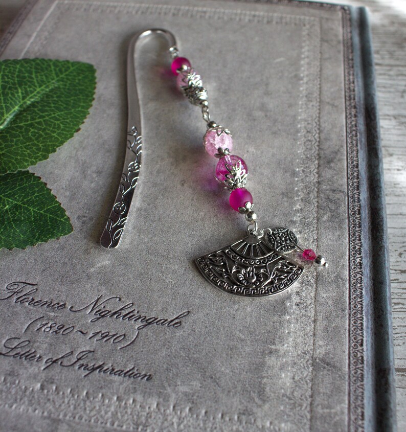 Fuchsia Dance Bookmark Metal Pink, Fan Dance, Antique Silver, Flowers