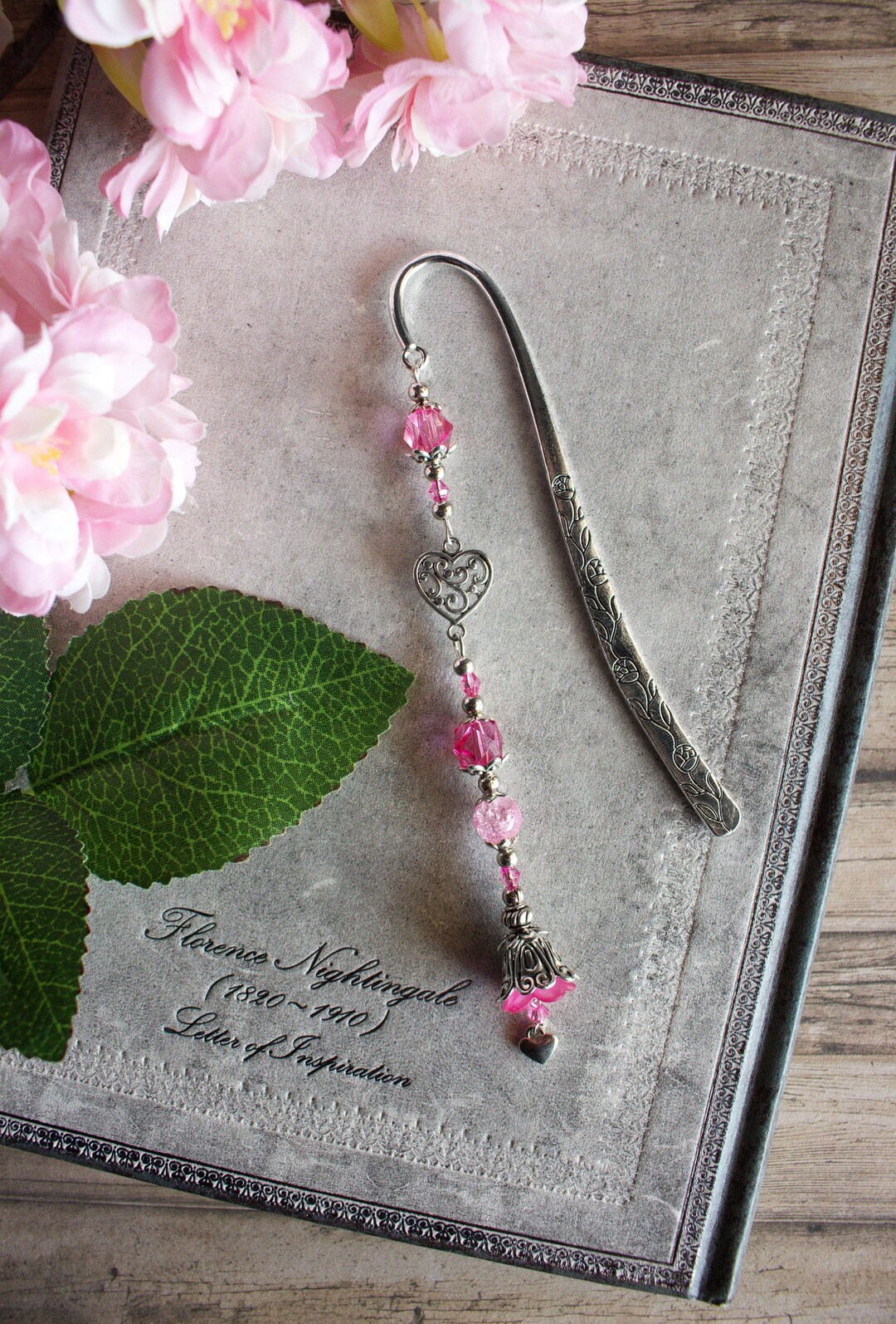 Flowers From the Heart Bookmark Metal Pink, Heart, Romantic, Antique