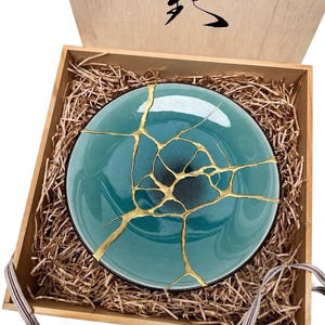 Include Wood Stand and Wooden Box ,Kintsugi gifts, kintsugi plate, Japanese art in repairing with gold a broken pottery, kintsukuroi bowl,