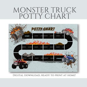 May include: A light blue potty chart with a monster truck theme. The chart features a winding road with spaces for tracking progress, flames, and dirt. The text "MONSTER TRUCK POTTY CHART" and "DIGITAL DOWNLOAD, READY TO PRINT AT HOME!" are visible.