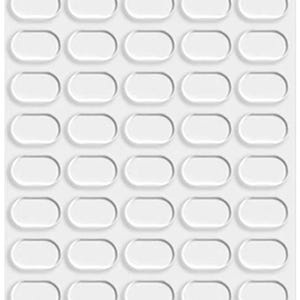 Peut inclure: Gros plan sur une grille de 42 coussinets adhésifs transparents de forme ovale. Les coussinets sont disposés en motif rectangulaire sur fond blanc. Les coussinets sont transparents et semblent être en matériau gélatineux.