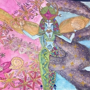 May include: Watercolor painting of a female figure with wings, surrounded by flowers, stars, and other celestial imagery. The figure is wearing a green and blue dress with a gold belt and a crown of stars. The background is a mix of pink, blue, and purple.