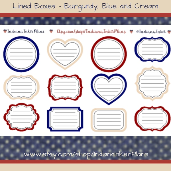 Shaped Lined Boxes Planner Stickers, Americana, Burgundy, Cream, Blue