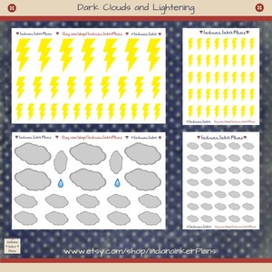 May include: A sheet of stickers featuring yellow lightning bolts and gray clouds with blue raindrops. The stickers are arranged in a grid pattern on a white background. The text "Dark Clouds and Lightening" is at the top of the sheet. The text "Indiana Inker Plans" is at the bottom of the sheet.