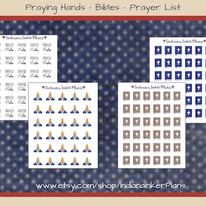 May include: A collection of planner stickers featuring praying hands, Bibles, and prayer lists. The stickers are in various colors, including blue, brown, and white. The text "Indiana Inker Plans" is visible on the stickers. The background is a navy blue with white stars.