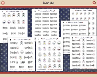 May include: A set of 7 printable sticker sheets featuring karate-themed designs. The stickers include karate belts, karate lessons, and karate patches. The stickers are designed by Indiana Inker Plans.
