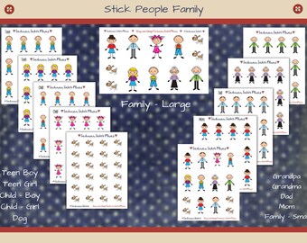 Stick Figure Family Stickers, Planning, Journaling, Scrapbooking, Boy, Girl, Mom, Dad, Teen, Dog, Grandma, Grandpa, Stickers For A Cause