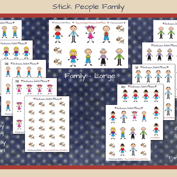 Stick Figure Family Stickers, Planner Stickers, Journaling, Scrapbooking, Boy, Girl, Mom, Dad, Teen, Dog, Grandma, Grandpa