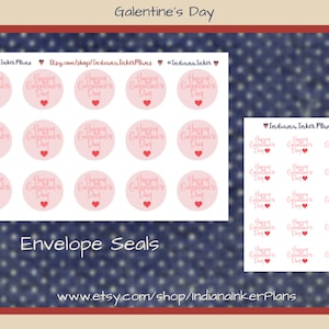 May include: Pink envelope seals with the text "Happy Galentine's Day" in a handwritten style, each featuring a red heart. The seals are arranged in two different layouts, perfect for Valentine's Day or Galentine's Day cards and gifts.