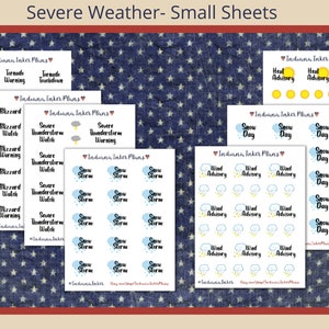 May include: A set of printable weather stickers featuring various weather conditions, including tornado, blizzard, severe thunderstorm, snow storm, wind advisory, heat advisory, and snow day. The stickers are designed with a blue and white color scheme and feature the text "Indiana Inker Plans".
