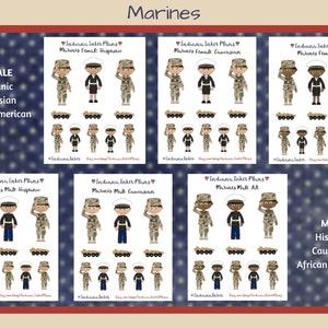 May include: Digital clipart set of Marines in various uniforms and skin tones. The set includes male and female Marines in camouflage, dress blue, and service uniforms. The clipart is perfect for scrapbooking, card making, and other craft projects.
