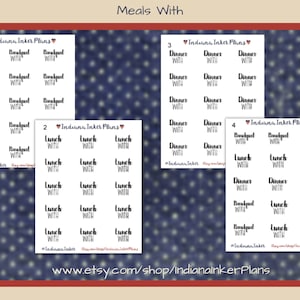 May include: A set of 12 printable planner stickers with a blue and white polka dot background. The stickers are for meal planning and include the words "Breakfast with", "Lunch with", and "Dinner with".