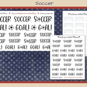 May include: A sheet of printable stickers featuring soccer-themed designs. The stickers include the words "Soccer" and "Goal!" along with images of soccer balls and soccer goals. The stickers are printed on white paper and are ready to be cut out and used.