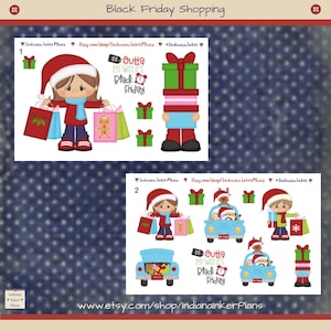 May include: Two digital paper packs for scrapbooking or card making. The first pack features a girl with shopping bags and a sign that says "Outta My WOT It's Black Friday". The second pack features a girl with shopping bags, a car with a Santa Claus inside, a truck with a sign that says "Outta My WOT It's Black Friday", and a stack of presents.