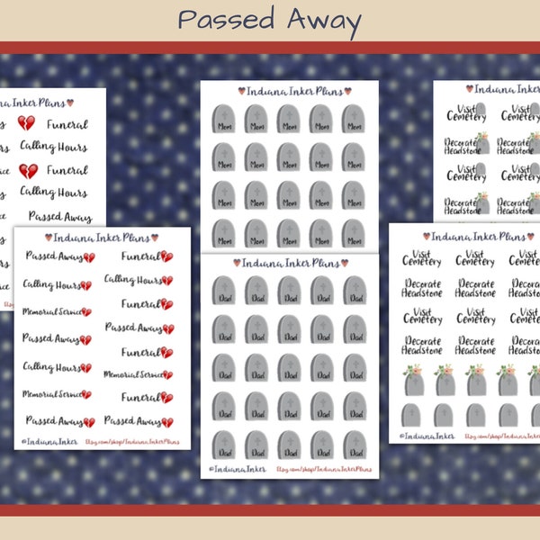 Passed Away Stickers, Funeral, Calling Hours, Visit Cemetery, Decorate Headstone, Planner Stickers, Memorial Service, Mom, Dad, Tombstone