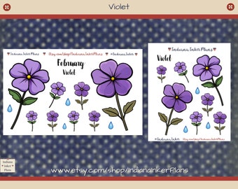 Violet Stickers, Flower Of The Month, February, Decorative Planning, Journaling, Floral Stickers, Scrapbooking, Planner Stickers, Florals