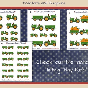 May include: Four sheets of stickers featuring green tractors and orange pumpkins. The stickers are labeled with the text "Indiana Inker Plans". The text "Check out the matching listing "Hay Ride"" is at the bottom of the image.
